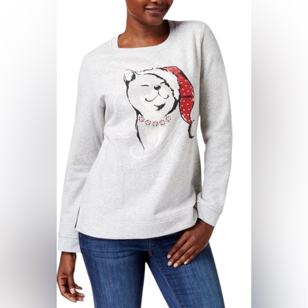 Karen Scott Sport Crewneck Cat Holiday Sweatshirt Gray SzPetiteS